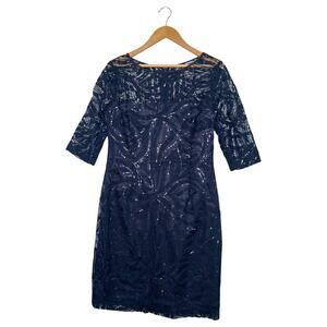 Tahari Dress Womens 10 Blue Sequined Lace Sheath Cocktail Party Formal Elegant